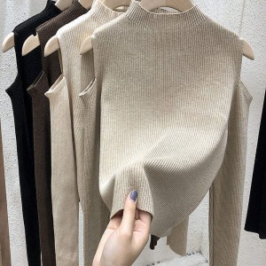 2023 New Fashion Women Winter Sweater Korean Solid Color Off-the-Shoulder Long-Sleeve Top Base Shirt Sweater